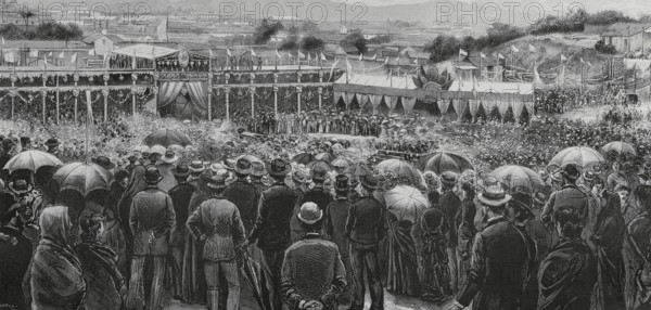 Southern Guatemala Railway. Official inauguration of the railway from Guatemala City to Amatitlan on 19 July 1884. On that date the first locomotive entered Guatemala City's Central Station, with a great celebration by the population and the Guatemalan government. Engraving by Arturo Carretero (1852-1903). The Spanish and American Illustration (La Ilustracion Espanola y Americana). September 22, 1884.