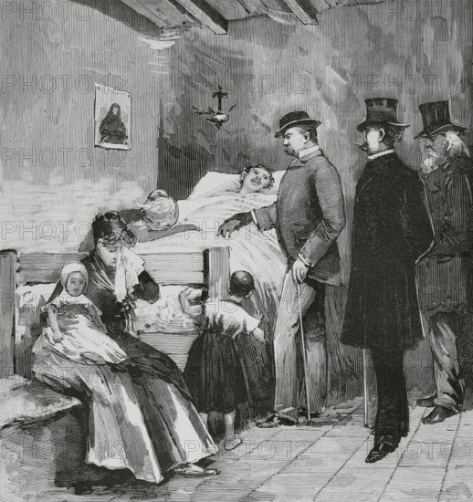 Italy. Naples. Cholera. Visit of King Humbert I of Savoy (1844-1900) to the sick of the Arrabal. Engraving. The Spanish and American Illustration (La Ilustracion Espanola y Americana), 1884.