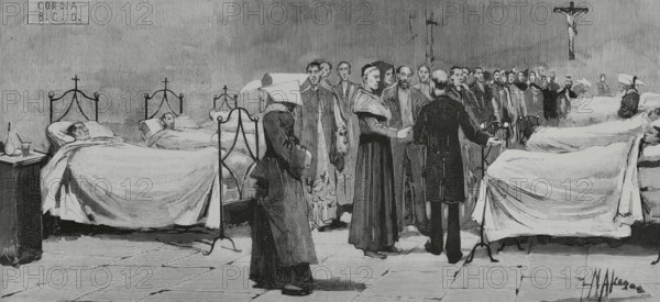 Italy. Naples. Cholera epidemic. Cardinal-Archbishop Sanfelice (Guglielmo Sanfelice d'Acquavella) (1834-1897) visiting the sick. Engraving. The Spanish and American Illustration (La Ilustracion Espanola y Americana), 30 September 1884.