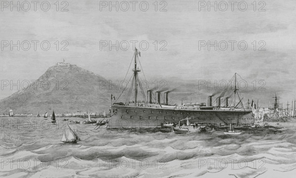 Regia Marina (Royal Italian Navy). ""Lepanto"". Ironclad battleship built for the Italian Regia Marina, the second and last ship of the Italia class. It was designed by Benedetto Brin (1833-1898) and built at the ""Cantiere navale fratelli Orlando"" (Orlando Brothers Shipyard), in Livorno (Italy), laid down in November 1876, launched in March 1883, and completed in August 1887. Armed with a main battery of four 432 mm (17 in) guns. Drawing by A. de Caula. Engraving by Tomas Carlos Capuz (1834-1899). The Spanish and American Illustration (La Ilustracion Espanola y Americana), 1884.