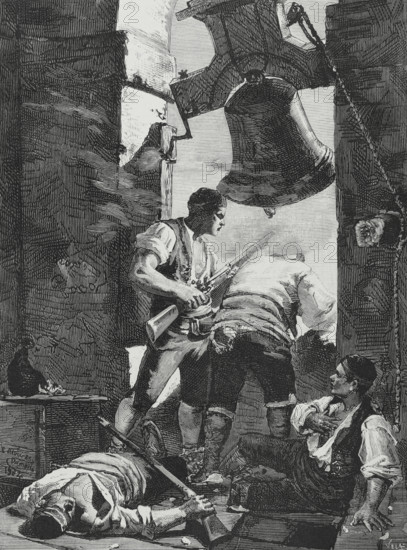 Heroic defence of the tower of Saint Augustine in Zaragoza in the Peninsular War. Episode that took place on 1 February 1809, during the Second Siege of Zaragoza in the Peninsular War (1808–1814). The tower of Saint Augustine belonged to the Augustinian convent building, which was destroyed in the siege. Engraving by Vela after the painting by Cesar Alvarez Dumont (1866-1945), 1884. The Spanish and American Illustration (La Ilustracion Espanola y Americana), 1884.