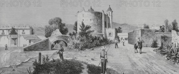 History of Mexico. Chapel of San Antonio Chimalistac, former entrance to the village of San Angel (south of Mexico City). Next to it is shown the old Hacienda del Altillo, which belonged to the Marquises of Aguayo. Drawing by Manuel Nao (1843-1884). Engraving by Bernardo Rico (1825-1894). The Spanish and American Illustration (La Ilustracion Espanola y Americana), 1884.
