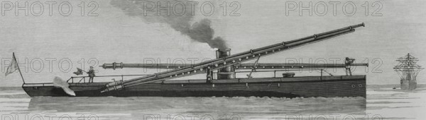 Gun for firing dynamite projectiles. It was tested at Fort Hamilton, one of the US Army installations in New York. US cruiser equipped with this type of gun. Engraving. The Spanish and American Illustration (La Ilustracion Espanola y Americana), 1884.