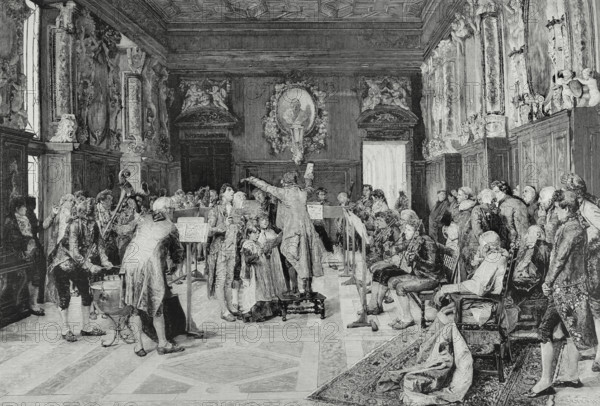 Rehearsal of an antiphon for full orchestra. Engraving by Severini after a painting by the Spanish artist Jimenez Aranda. The Spanish and American Illustration (La Ilustracion Espanola y Americana). Supplement to issue XXXVI, September 1884.