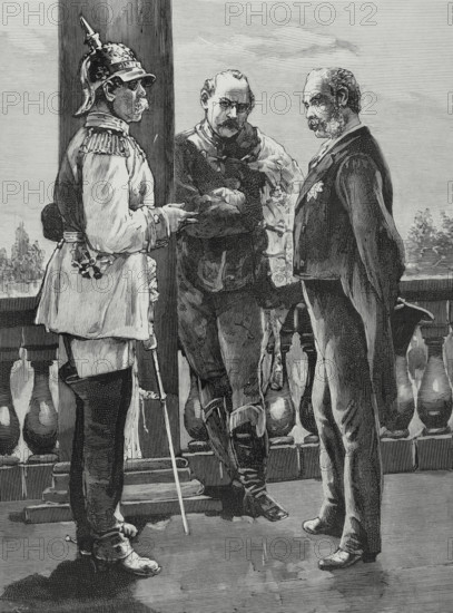 League of the Three Emperors. Alliance formed from 1873 to 1887 by the emperors of the German, Austro-Hungarian and Russian empires. They created a common front to oppose liberal forms of government in Western Europe. Three Emperors’ Meeting in Skierniewicz (Poland) (15-17 September, 1884). Chancellors Otto von Bismarck (German), Nikolay Girs (Russian) and Gustave Kalnoky (Austrian). Engraving. The Spanish and American Illustration (La Ilustracion Espanola y Americana), October 8, 1884.