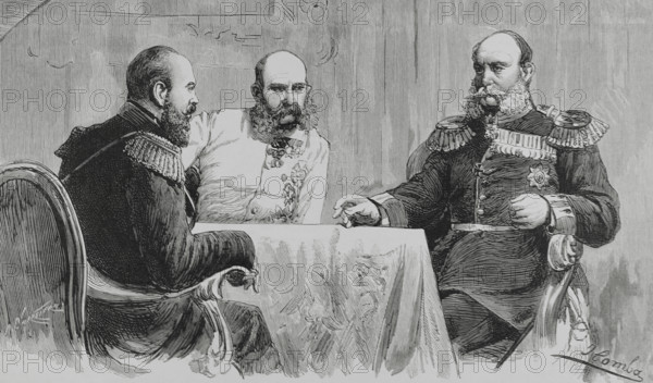 League of the Three Emperors. Alliance formed from 1873 to 1887 by the emperors of the German, Austro-Hungarian and Russian empires. They created a common front to oppose liberal forms of government in Western Europe. Three Emperors’ Meeting in Skierniewicz (Poland) (15-17 September, 1884). On the evening of 16 September, Emperors Alexander III (Russia), Franz Joseph (Austria), Wilhelm I (Germany), and their respective ministers, Otto von Bismarck (German), Nikolay Girs (Russian) and Gustave Kalnoky (Austrian), met in the Tsar's palace. They discussed mutual relations and policies related to Polish independence. The three emperors in conversation. Drawing by Juan Comba. Engraving by Arturo Carretero (1852-1903). The Spanish and American Illustration (La Ilustracion Espanola y Americana), October 8, 1884.