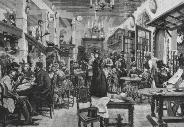 Paris, France. Cabaret called ‘L'Auberge des Adrets’. It replicated the appearance of an old inn. View of the entrance hall. Drawing from life by Pellicer. Engraving by Bernardo Rico (1825-1894). The Spanish and American Illustration (La Ilustracion Espanola y Americana), 1884.