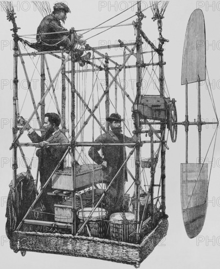 Gaston Tissandier (1843-1899). French aeronaut and science communicator. Albert-Charles Tissandier (1839-1906). French architect, aeronaut, publisher and archaeologist. In 1881, the Tissandier brothers made the world's first electric-powered flight at an electricity exhibition by fitting an electric Siemens motor to an airship. After their first flight experiments, they built a large-scale model which they exhibited, for which Albert drew up the plans. The first airship powered by an electric motor took place on 8 October 1883, at Auteuil, a suburb of Paris (France). A second successful attempt was made in Paris on 26 September 1884. Tissandier electric airship. Gondola and engine. Albert (on the left), Gaston (on the right), plus an unidentified man. Engraving by Bernardo Rico (1825-1894). The Spanish and American Illustration (La Ilustracion Espanola y Americana). October 15, 1884.