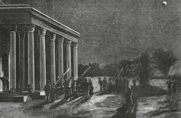 Spain. Madrid. Observation of the lunar eclipse from the peristyle of the Astronomical Observatory, on the night of 4 October 1884. Drawing from life by Juan Comba. Engraving by Bernardo Rico (1825-1894). The Spanish and American Illustration (La Ilustracion Espanola y Americana). October 15, 1884.