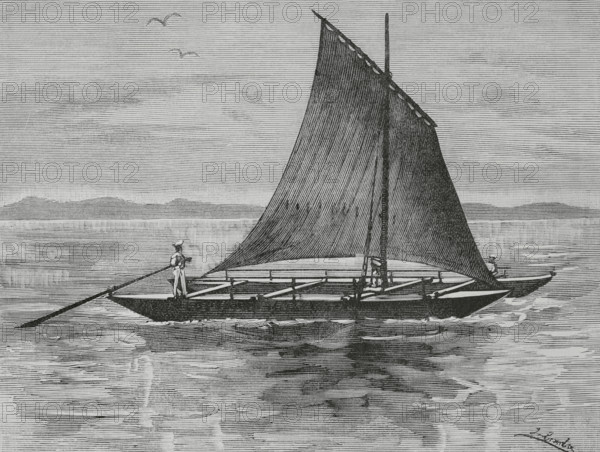 The Nile Expedition (1884-1885). British mission commanded by Wolseley (1833-1913) to relief Major-General Charles George Gordon (1833-1885) at Khartoum, Sudan. Gordon had been sent to Sudan to help the Egyptians withdraw their garrisons after the British decided to abandon Sudan in the face of a rebellion led by Sudanese religious leader Muhammad Ahmad bin Abdullah bin Fahal, the self-proclaimed Mahdi. Copeman's canoe raft, one of the crafts chosen by the Royal Navy to form part of the expedition. It was designed by E. S. Coperman, from Westminster. Drawing by Juan Comba. Engraving. The Spanish and American Illustration (La Ilustracion Espanola y Americana). October 15, 1884.