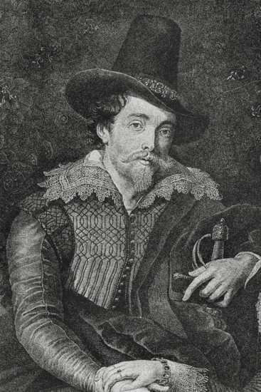 Peter Paul Rubens (1577-1640). Flemish Baroque painter. Engraving after a painting by Rubens entitled ""Self-Portrait with his wife Elizabeth Brant"", 1609, during the first year of marriage. Detail. The Spanish and American Illustration (La Ilustracion Espanola y Americana), 1884.