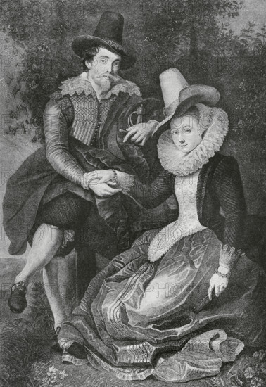 Peter Paul Rubens (1577-1640). Flemish Baroque painter. Engraving after a painting by Rubens entitled ""Self-Portrait with his wife Elizabeth Brant"", 1609, during the first year of marriage. The Spanish and American Illustration (La Ilustracion Espanola y Americana), 1884.