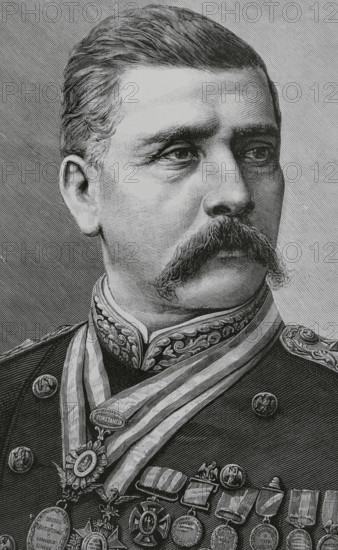 Porfirio Diaz (1830-1915). Mexican military and politician. President of Mexico on seven occasions, between 1877 and 1911. Portrait. Engraving by Arturo Carretero (1852-1903). La Ilustracion Espanola y Americana (The Spanish and American Illustration), 1884.