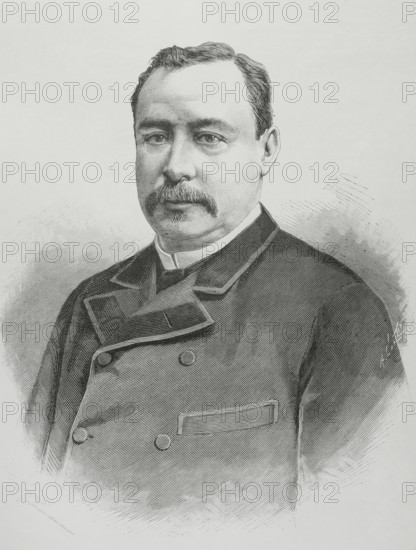 Rafael Zaldivar (1834-1903). President of El Salvador from 1 May 1876 to 6 April 1884, and from 21 August 1884 to 14 May 1885. Portrait. Drawing by Badillo. Engraving by Arturo Carretero (1852-1903). The Spanish and American Illustration (La Ilustracion Espanola y Americana), 1884.