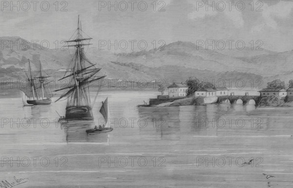 History of Spain. Island of San Simon, in the Vigo estuary. Pontevedra province, Galicia, Spain. General view of the lazaretto and the islands of San Simon and San Antonio, from the bay. The San Simon lazaretto became operational on 15 August 1842, and ceased to be used in 1927. Drawing by Rafael Monleon. Engraving by Rico. Detail. The Spanish and American Illustration (La Ilustracion Espanola y Americana). August 8, 1884.