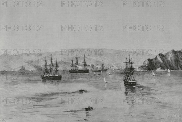 Journey of the Kings of Spain, Alfonso XII (1857-1885) and Maria Cristina de Habsburgo-Lorena (1858-1929), to the northwestern provinces. Gijon, Asturias. Arrival of the squadron at the port, to receive the kings on board. Drawing by A. de Caula. Engraving by Vela. The Spanish and American Illustration (La Ilustracion Espanola y Americana). September 30, 1884.