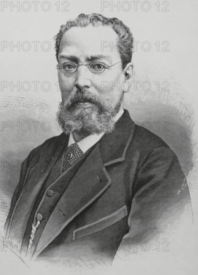Manuel Tamayo y Baus (1829-1898). Spanish playwright. Perpetual secretary of the Real Academia Espanola (Royal Spanish Academy). Portrait. Illustration by Badillo. Engraving by Arturo Carretero (1852-1903). The Spanish and American Illustration (La Ilustracion Espanola y Americana), 1884.