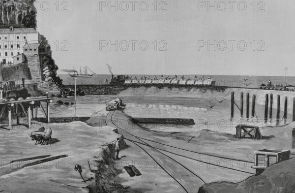 History of Spain. San Sebastian (Donostia), Basque Country. The city's Ensanche Oriental (Eastern Expansion). View of the works from the Santa Catalina Bridge. Drawing from life by Juan Comba. Engraving by Vela. The Spanish and American Illustration (La Ilustracion Espanola y Americana), 1884.