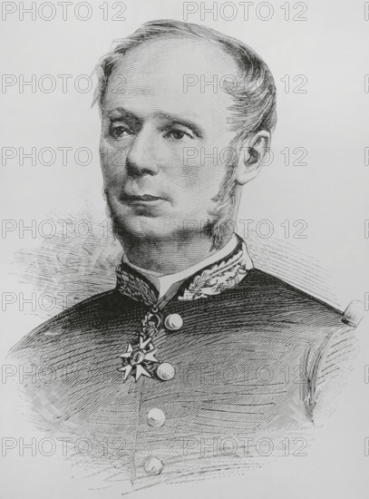 Amedee Courbet (Anatole-Amedee-Prosper Courbet) (1827-1885). French admiral who won important victories in the Sino-French War or Tonkin War (August 1884-April 1885). Portrait. Engraving. The Spanish and American Illustration (La Ilustracion Espanola y Americana), 1884.