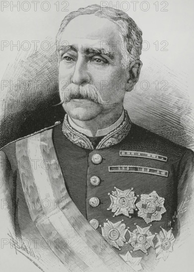 Miguel de la Vega-Inclan y Palma (1820-1884). Spanish military. Governor of Puerto Rico (1884). Portrait. Drawing by Badillo. Engraving by Arturo Carretero (1852-1903). The Spanish and American Illustration (La Ilustracion Espanola y Americana), 1884.
