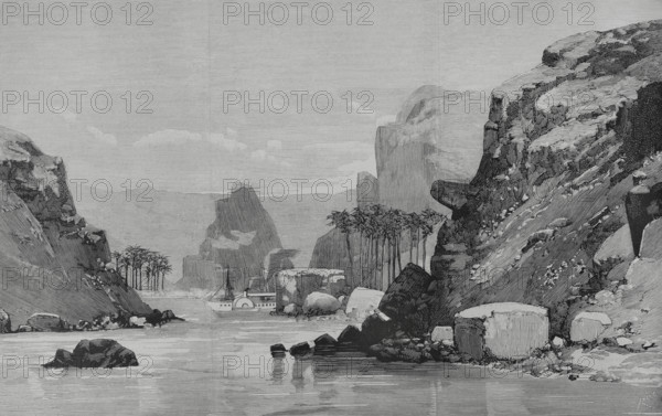 Mahdist War (1881-1899). Insurrection of Sudan. It faced the followers of Sudanese religious leader Muhammad Ahmad bin Abdullah bin Fahal, the self-proclaimed Mahdi, against Egyptian Khedivate troops, who were later joined by British forces. Arrival of General Wolseley on board his embarkation, at the first cataract of the Nile River, near the Philae Temple. Engraving by Rico. The Spanish and American Illustration (La Ilustracion Espanola y Americana), 1884.