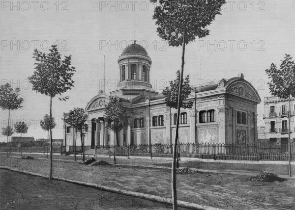 History of Spain. Catalonia. Vilanova i la Geltru, province of Barcelona. Exterior view of the Biblioteca Museu Victor Balaguer (Victor Balaguer Museum and Library). Founded in 1884 by Victor Balaguer (1824-1901), in gratitude to the town for its support throughout his political career. The building was constructed between 1882 and 1884 by the architect Jeroni Granell i Mundet (1834-1889). Engraving by Bernardo Rico. The Spanish and American Illustration (La Ilustracion Espanola y Americana), 1884.