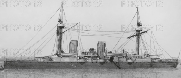 Chilean Navy. Protected cruiser ‘Esmeralda’, built with a steel hull. Designed by George Wightwick Rendel and William G. Armstrong, it was built at W.G. Armstrong & Mitchell and Co. Ltd. shipyard, Low Walker, England. It was launched on 6 June 1883. Arrived in Chile on 16 October 1884. Engraving. The Spanish and American Illustration (La Ilustracion Espanola y Americana), 1884.