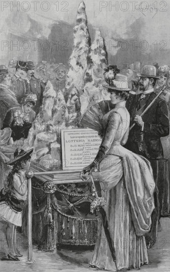 History of Italy. Italian General Exhibition in Turin 1884. Held in Turin between 26 April and 17 November 1884. Lotteria Nazionale (National Lottery). Golden mountain. Visitors to the exhibition looking at the sign with the five top prizes. Engraving. The Spanish and American Illustration (La Ilustracion Espanola y Americana). November 15, 1884.