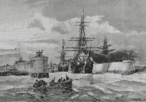 Wilhelmshaven, Germany. Imperial German Navy (Kaiserliche Marine). Warships SMS Ariadne (steam corvette) and SMS Bismarck (Bismarck-class corvette) destined for the east coast of Africa. Engraving. The Spanish and American Illustration (La Ilustracion Espanola y Americana), 1884.