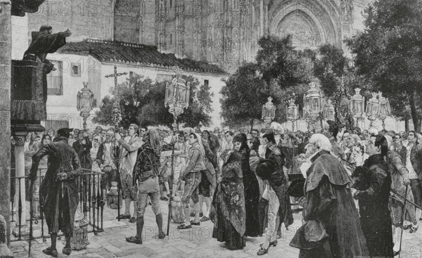 History of Spain. Andalusia. Seville Cathedral. A sermon in the Orange Tree Courtyard. Engraving by Brend'amour after a painting by Jose Jimenez Aranda (1837-1903), ca. 1876. The Spanish and American Illustration (La Ilustracion Espanola y Americana). Supplement to issue XLIV. November, 1884.