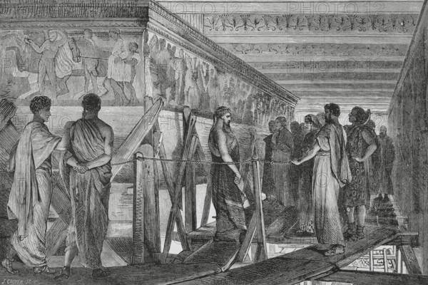 Phidias (490-425 BC). Sculptor of Ancient Greece. Phidias showing the frieze of the Parthenon to his friends. Engraving by J. Cooper after a painting of 1868 by Lawrence Alma-Tadema (1836-1912). The Spanish and American Illustration (La Ilustracion Espanola y Americana), 1884.