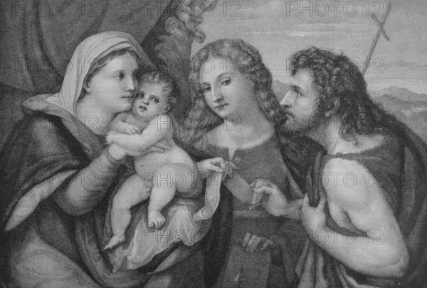Madonna with Child, John the Baptist and St. Catherine. Engraving after a painting by the Italian artist Palma Vecchio (1480-1528), 1514-1515. The Spanish and American Illustration (La Ilustracion Espanola y Americana), 1884.