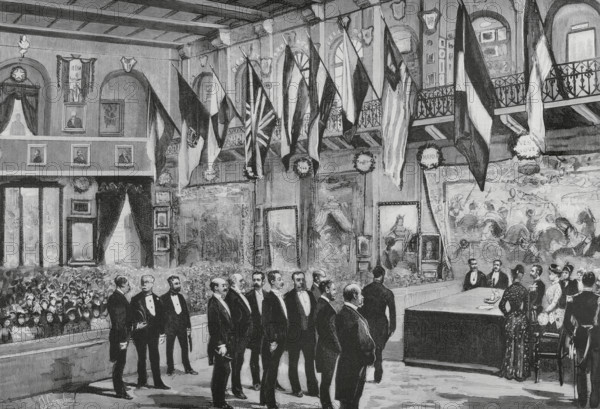 History of Spain. Madrid. Exposicion Literaria y Artistica (Literary and Artistic Exhibition). Opening session held in the assembly hall of the Escuelas Aguirre (Aguirre Schools), under the presidency of King Alfonso XII and Queen Maria Cristina de Habsburgo-Lorena (1858-1929), on 30 November 1884. Drawing from life by Juan Comba. Engraving by Bernardo Rico (1825-1894). The Spanish and American Illustration (La Ilustracion Espanola y Americana). December 8, 1884.