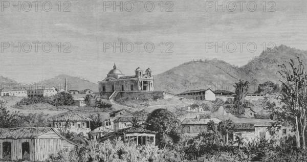 El Cobre, Cuba. General view of the Sanctuary of the Charity del Cobre (Santuario de Nuestra Senora de la Caridad del Cobre). Engraving by Tomas Carlos Capuz (1834-1899). The Spanish and American Illustration (La Ilustracion Espanola y Americana), 1884.