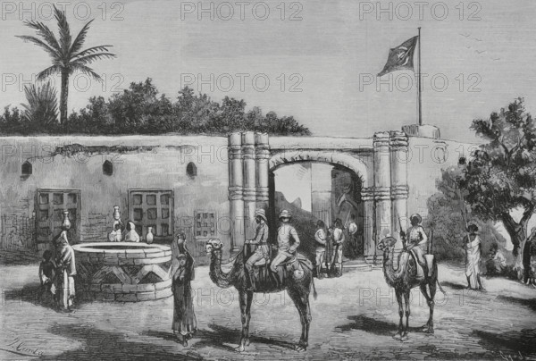 Mahdist War (1881-1899). Insurrection of Sudan. It faced the followers of Sudanese religious leader Muhammad Ahmad bin Abdullah bin Fahal, the self-proclaimed Mahdi, against Egyptian Khedivate troops, who were later joined by British forces. Exterior of the Dongola Mudir's house, where General Wolseley received hospitality on his journey of exploration and was honoured by the Arab warlord. The Egyptian Government empowered Wolseley to appoint the Mudir of Dongola as temporary governor of the new province of Sudan, as a reward for his allegiance. Drawing by Juan Comba. Engraving by Capuz. The Spanish and American Illustration (La Ilustracion Espanola y Americana), 1884.