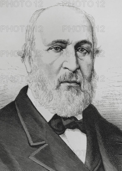 Manuel Mila y Fontanals (1818-1884). Spanish philologist, historian and literary critic. Portrait. Drawing by Badillo. Engraving by Arturo Carretero (1852-1903). Detail. The Spanish and American Illustration (La Ilustracion Espanola y Americana), 1884.
