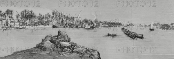 Aswan, Egypt. Entrance to the first cataract of the Nile river. Engraving by Bernardo Rico (1825-1894). The Spanish and American Illustration (La Ilustracion Espanola y Americana), 1884.