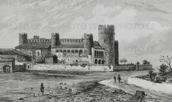 History of Spain. Zafra, Badajoz province, Extremadura. Palace of the Dukes of Feria or Castle of Zafra. Building commissioned in 1437 by Lorenzo II Suarez de Figueroa (ca. 1410-1461), 1st Count of Feria. Engraving by Tomas Carlos Capuz (1834-1899). The Spanish and American Illustration (La Ilustracion Espanola y Americana), 1884.