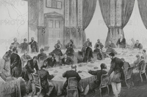 Berlin Conference (15 November 1884 to 26 February 1885). German Chancellor Otto von Bismarck organised the conference, to seek solutions to colonial expansion in Africa and to agree on its partition. A session of the conference. Engraving by Bernardo Rico (1825-1894). The Spanish and American Illustration (La Ilustracion Espanola y Americana), 1884.