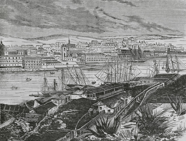 Havana, Cuba. View from Casablanca. Engraving by Soriano. Cronica General de Espana, Historia Ilustrada y Descriptiva de sus Provincias (General Chronicle of Spain, Illustrated and Descriptive History of its Provinces), Antilles, 1871.