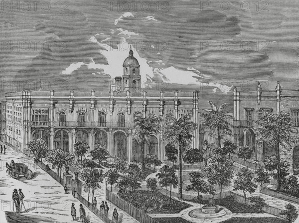 Havana, Cuba. View of the Plaza de Armas, featuring the Palace of the Captains-General. Engraving. Cronica General de Espana, Historia Ilustrada y Descriptiva de sus Provincias (General Chronicle of Spain, Illustrated and Descriptive History of its Provinces), Antilles, 1871.