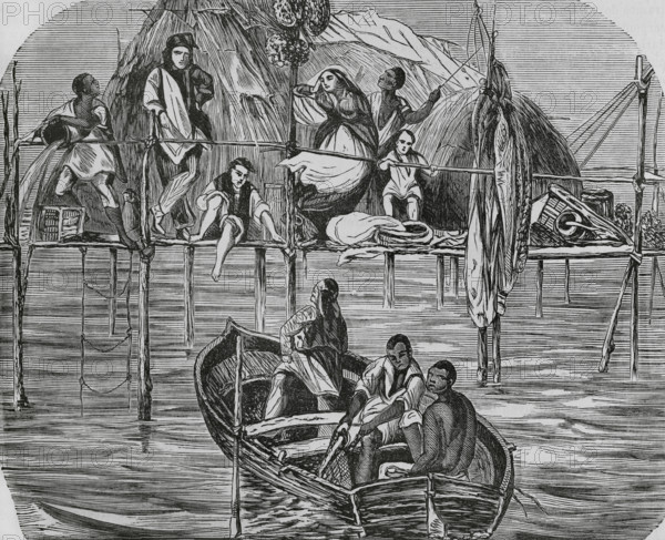 History of Cuba. Sponge fishermen's dwellings in Nuevitas Bay, Camaguey province. Engraving. General Chronicle of Spain, Illustrated and Descriptive History of its Provinces. Philippines (Cronica General de Espana, Historia Ilustrada y Descriptiva de sus Provincias. Filipinas), 1871.
