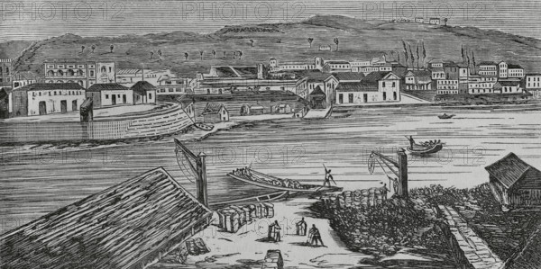 Matanzas, Cuba. General view. Engraving. Cronica General de Espana, Historia Ilustrada y Descriptiva de sus Provincias (General Chronicle of Spain, Illustrated and Descriptive History of its Provinces), Antilles, 1871.