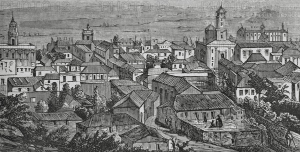 Trinidad (Villa de la Santisima Trinidad), Cuba. General view of the town. Engraving. Cronica General de Espana, Historia Ilustrada y Descriptiva de sus Provincias (General Chronicle of Spain, Illustrated and Descriptive History of its Provinces), Antilles, 1871.