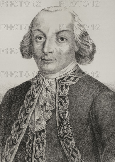 Bernardo de Galvez (Bernardo de Galvez y Madrid) (1746-1786), 1st Count of Galvez. Lieutenant General and Viceroy of New Spain (17 June 1785 - 30 November 1786). Portrait. Lithography. Cronica General de Espana, Historia Ilustrada y Descriptiva de sus Provincias (General Chronicle of Spain, Illustrated and Descriptive History of its Provinces), Antilles, 1871.