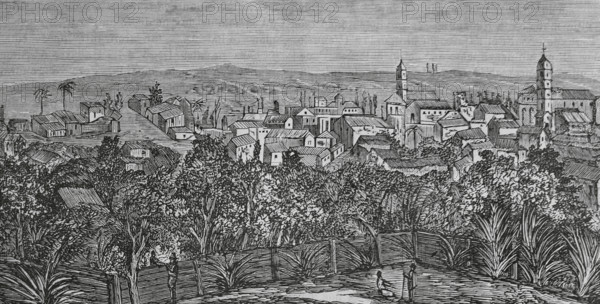 Guanabacoa, Cuba. General view of the town. Engraving by Traver. Cronica General de Espana, Historia Ilustrada y Descriptiva de sus Provincias (General Chronicle of Spain, Illustrated and Descriptive History of its Provinces), Antilles, 1871.