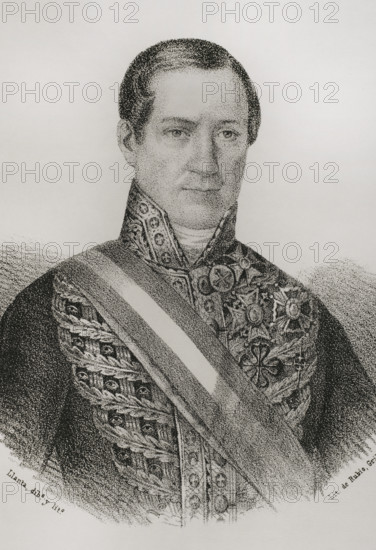 Claudio Martinez de Pinillos (Claudio Martinez de Pinillos y Ceballos) (1782-1852), 2nd Count of Villanueva and 1st Viscount of Valvanera. Cuban landowner, politician and economist. General superintendent subdelegate of the Royal Treasury of Cuba. Grandee of Spain. Portrait. Illustration by Llanta. Lithography. Cronica General de Espana, Historia Ilustrada y Descriptiva de sus Provincias (General Chronicle of Spain, Illustrated and Descriptive History of its Provinces), Antilles, 1871.