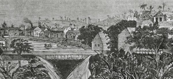 Puentes Grandes, Cuba. General view of the town. Engraving by Traver. Cronica General de Espana, Historia Ilustrada y Descriptiva de sus Provincias (General Chronicle of Spain, Illustrated and Descriptive History of its Provinces), Antilles, 1871.