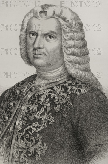 Juan Francisco de Guemes y Horcasitas (1681-1766), 1st Count of Revillagigedo. Spanish nobleman and general. Governor and Captain General of the island of Cuba (1734-1746). Viceroy of New Spain (1746-1755). Portrait. Lithography. Cronica General de Espana, Historia Ilustrada y Descriptiva de sus Provincias (General Chronicle of Spain, Illustrated and Descriptive History of its Provinces), Antilles, 1871.