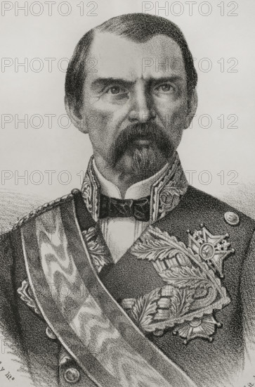 Domingo Dulce Garay (1808-1869), 1st Marquis of Castell-Florite. Spanish lieutenant general. Captain General of Catalonia (1854-1855, 1858-1862). Governor and Captain General of Cuba (1862-1866, 1869). Portrait. Drawing by Salcedo. Lithography. Cronica General de Espana, Historia Ilustrada y Descriptiva de sus Provincias (General Chronicle of Spain, Illustrated and Descriptive History of its Provinces), Antilles, 1871.